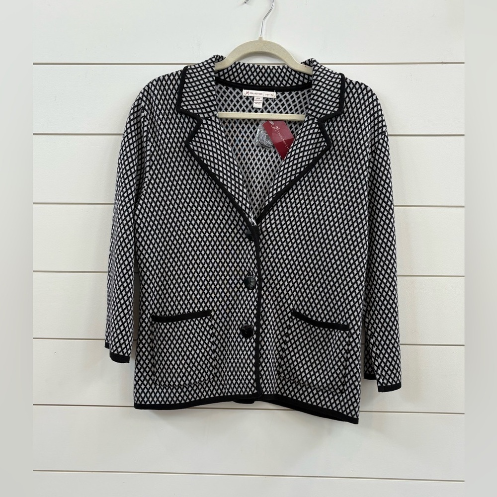 JM Collection Black & White Diamond Pattern Knit Blazer